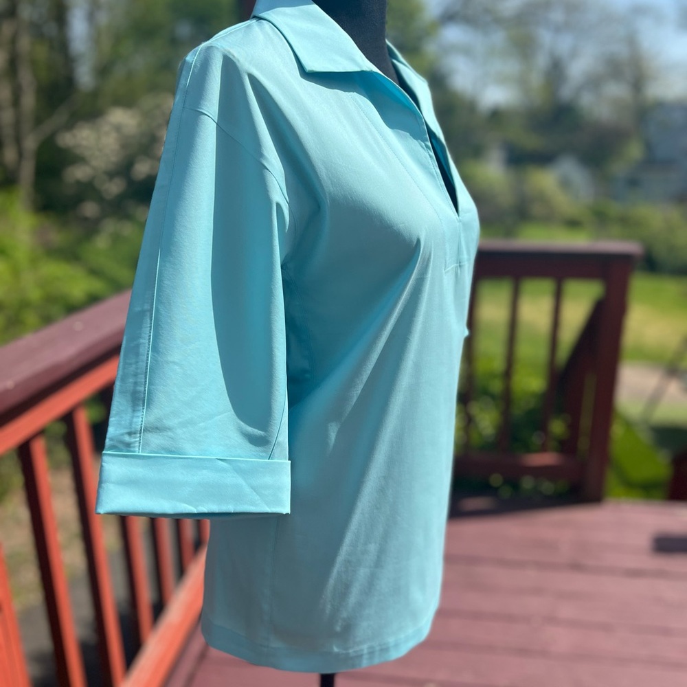LAFAYETTE 148 NEW YORK NEW ITALIAN COTTON STRETCH BLOUSE IN LAGOON SIZE SMALL - Picture 7 of 13